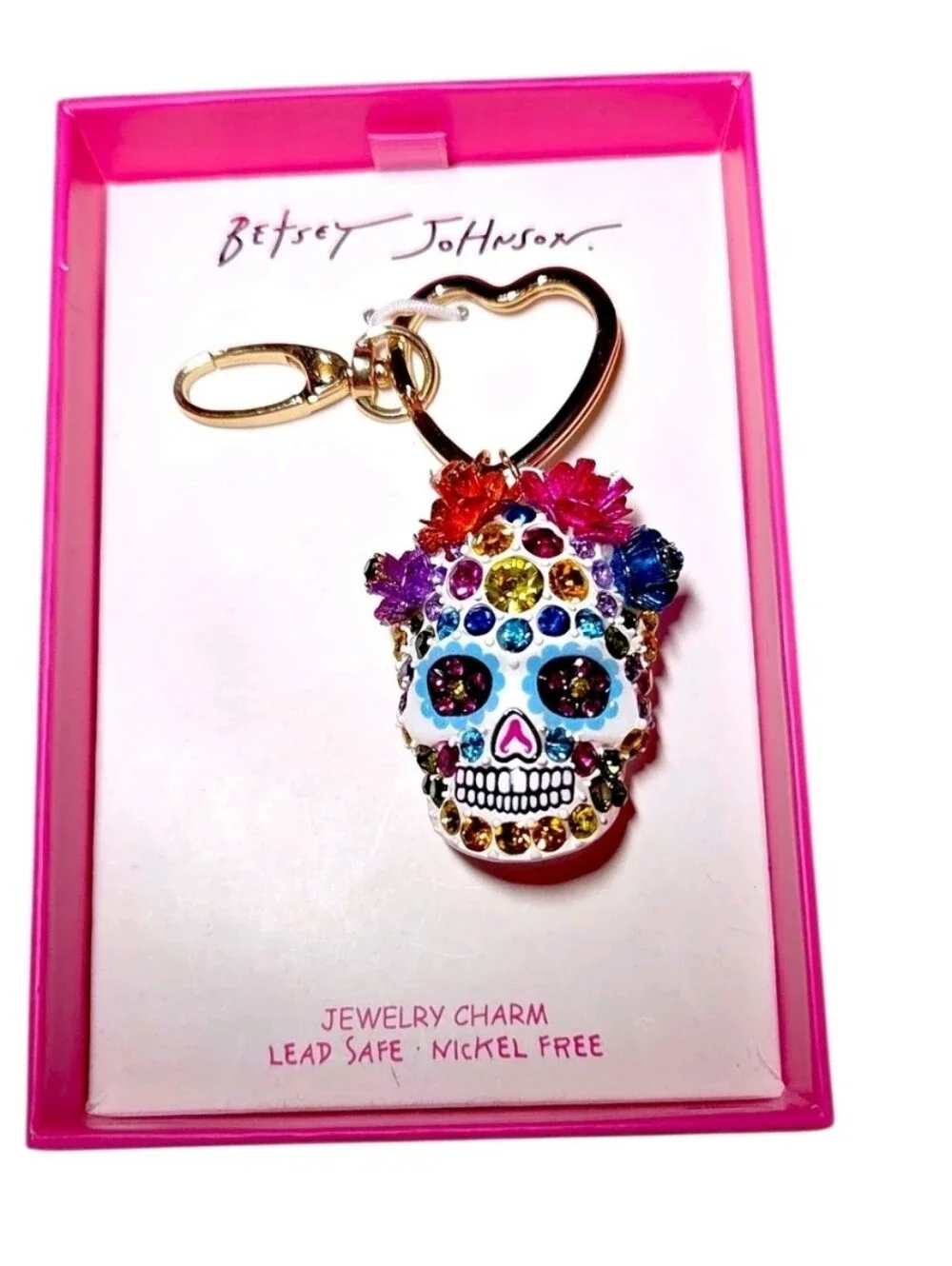 Betsey Johnson Halloween Jewel Encrusted Sugar Skull Keychain Bag Charm, NIB